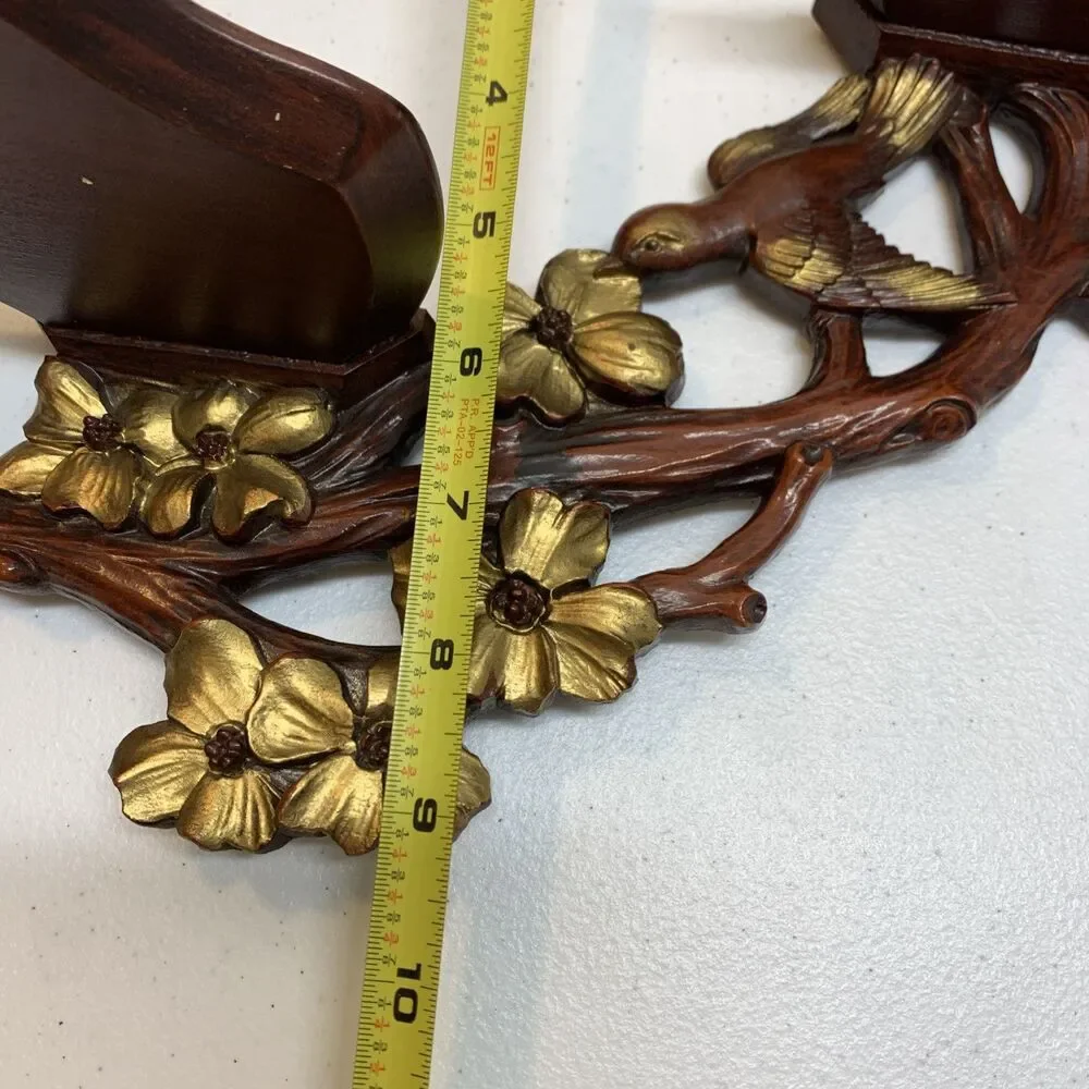 Vintage Bird Dogwood Wood Two Shelf Plate Rack Wall Display Asian Carved MCM